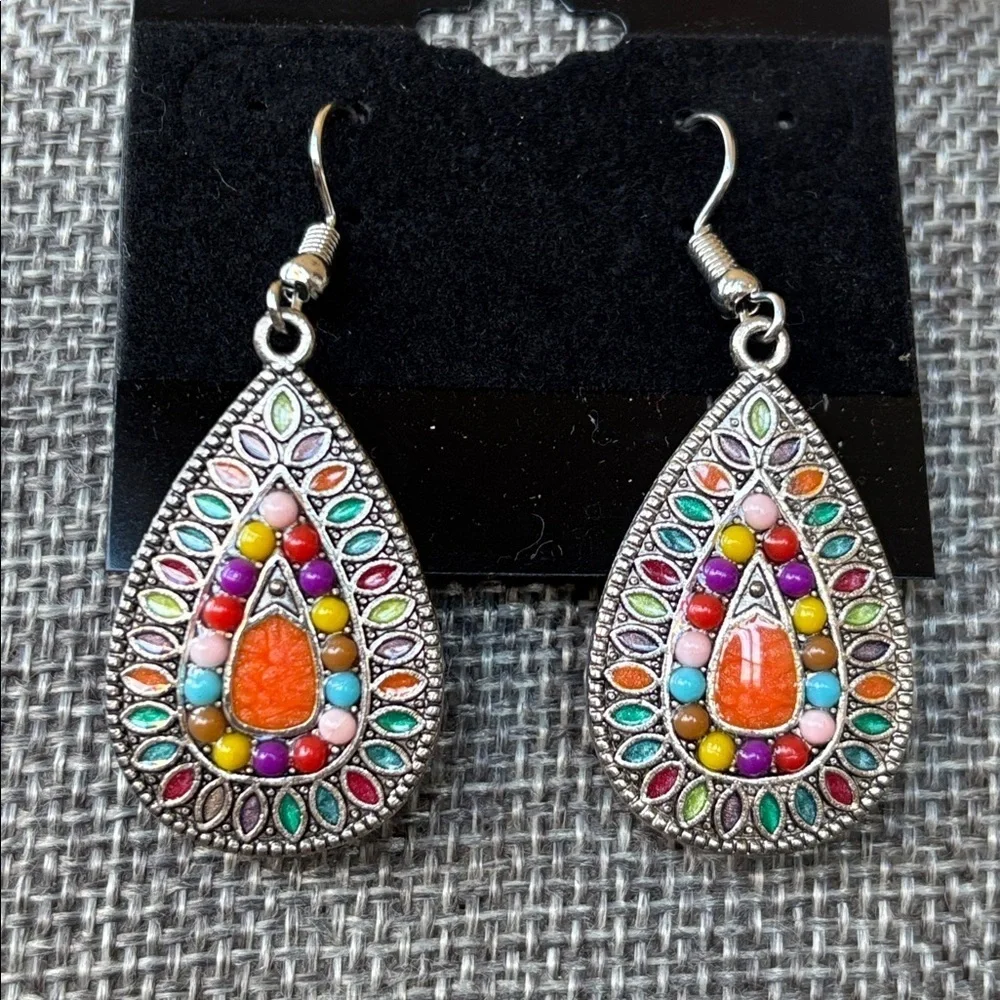 Vintage Seed Beaded Multi-Strand Long Wood Bead Colorful & Teardrop Earrings